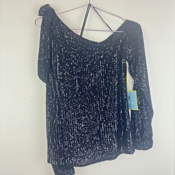 NWT NEW CeCe Rich Black Sequin Long Sleeve Dressy Party Top Size S - Picture 2 of 15